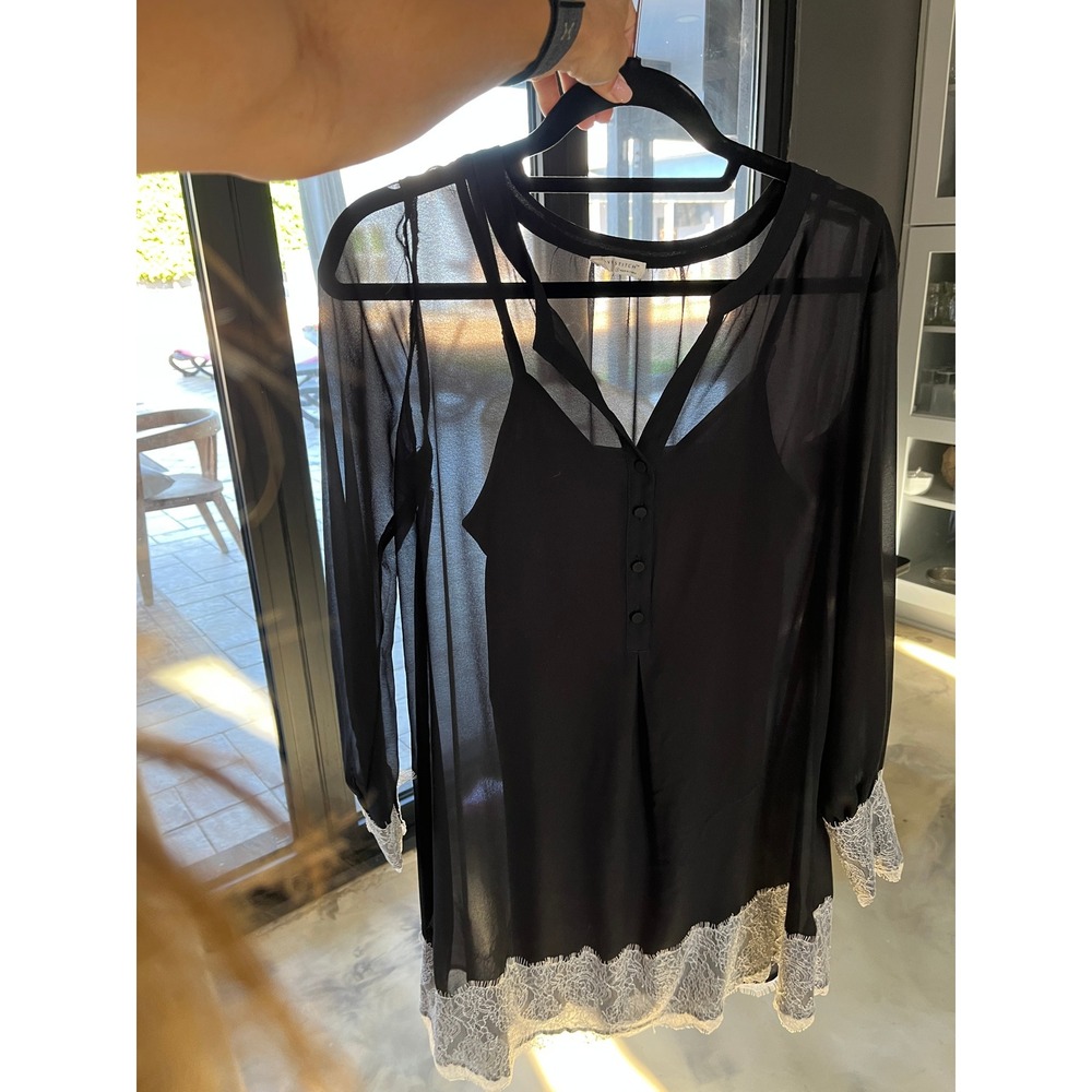 LOVESTITCH Black Sheer Lace Trim Tunic Blouse Boho Feminine Sz Small S